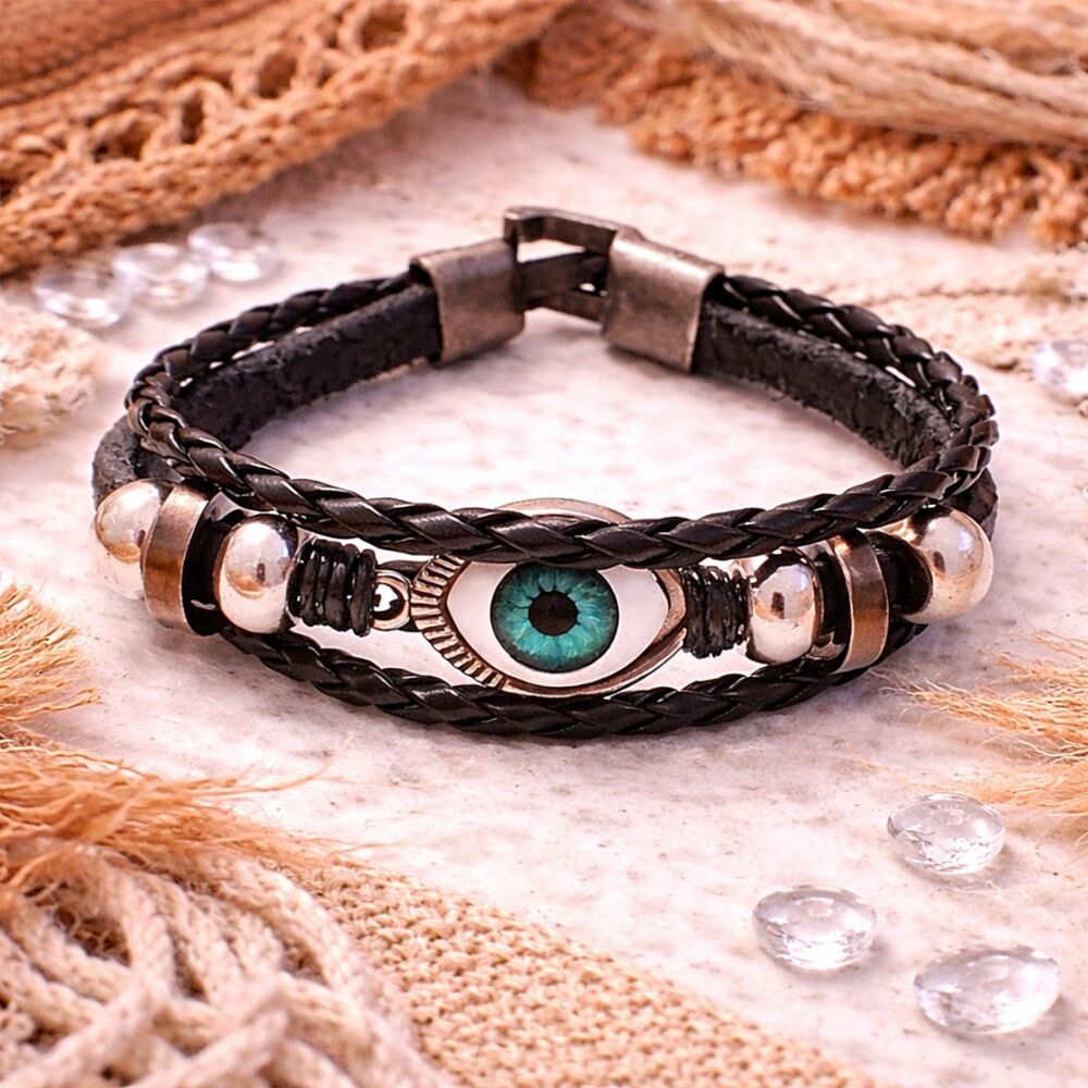 Black Leather Evil Eye Bracelet